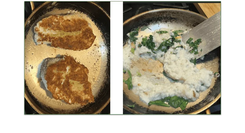 Photo of breaded chicken being fried in a skillet and a phot of pre-mashed potato being mixed with greens in a skillet