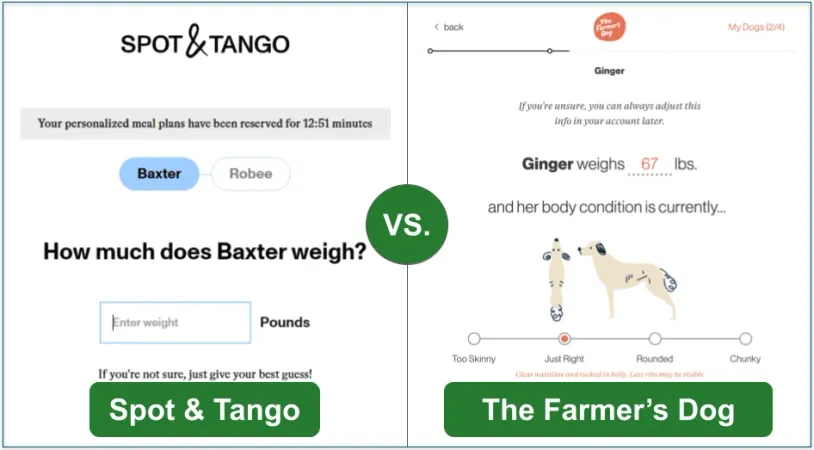 A comparison between Spot & Tango's and The Farmer's Dog's customization questionnaire.