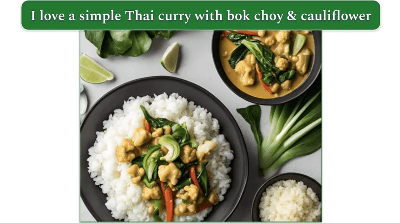 a bowl of thai bok choy curry on a plate with jasmine rice