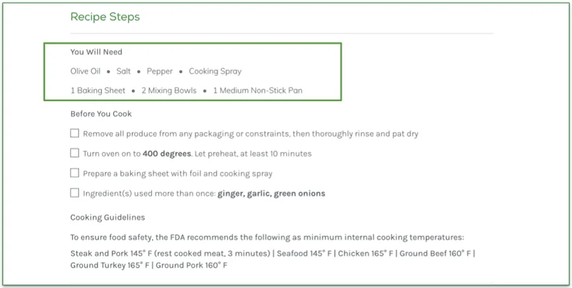 Screenshot of kitchen equipment requirements for a Home Chef recipe