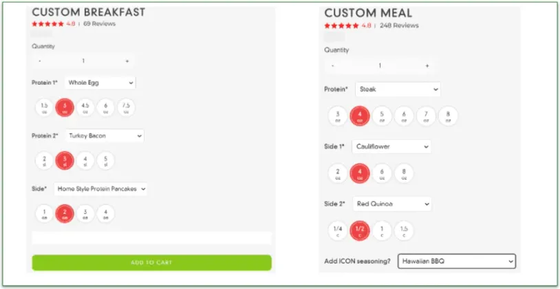 Icon Meals dish customization options