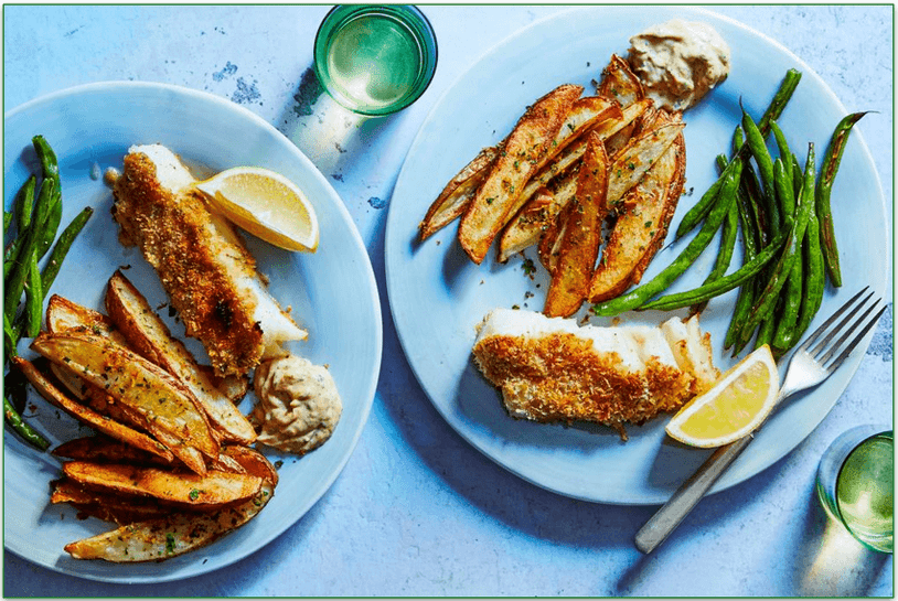 Marley Spoon's Oven-Fried Fish & Chips with Green Beans and Dijon Aioli