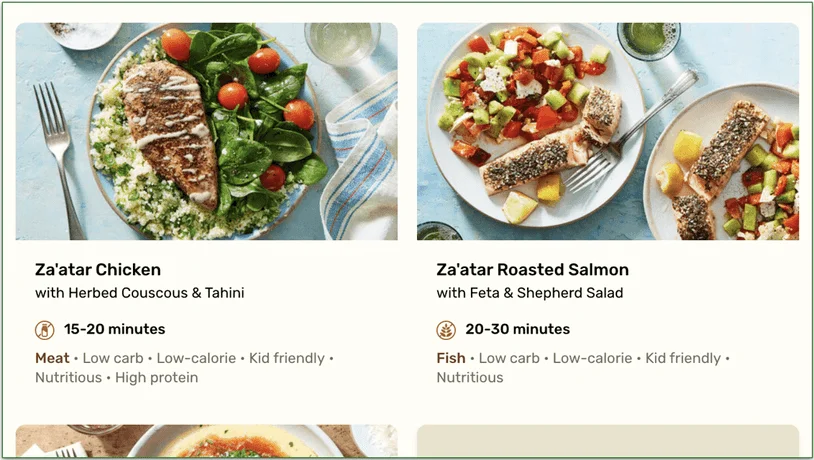 screenshot of 2 options from marley spoon's menu