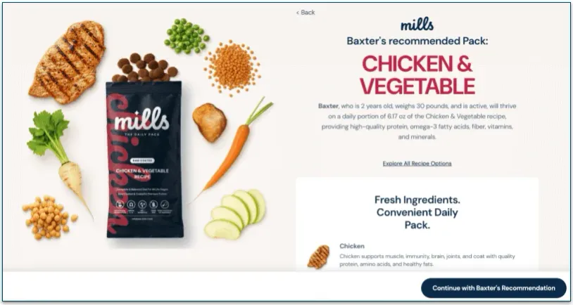 screenshot of Mills' recommended pack chicken & vegetable