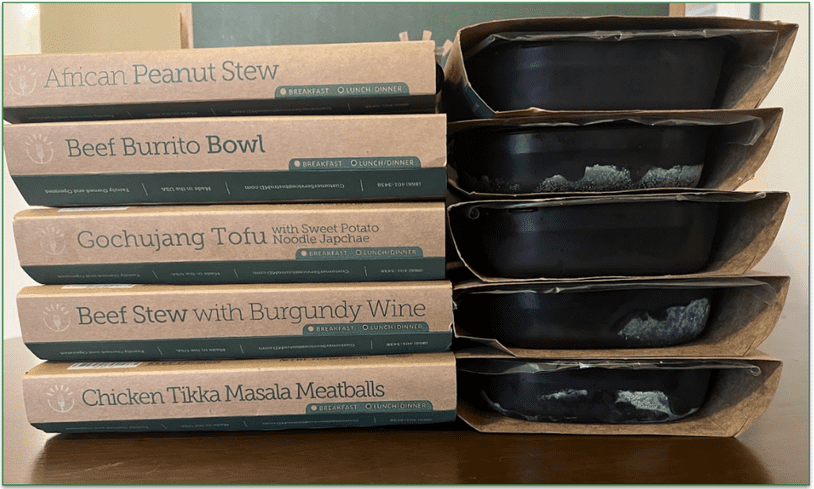 Photo of a stack of BistroMD's frozen prepared meals