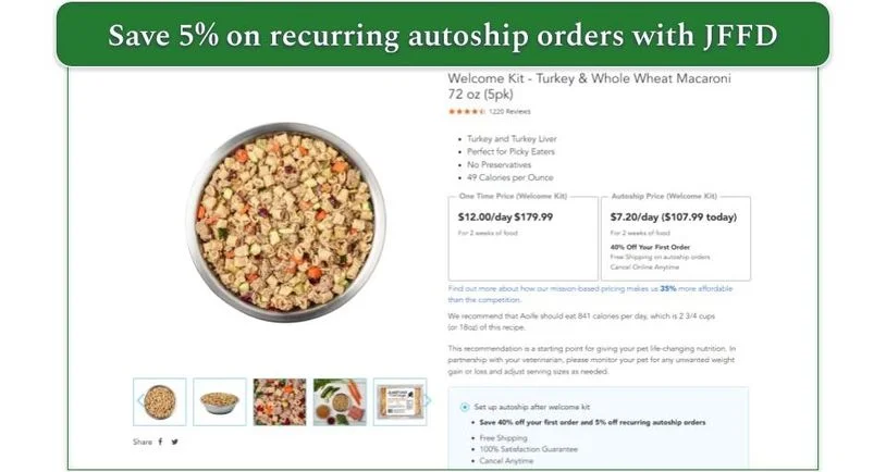 Image of the prices for a 65 lb dog on JustFoodForDogs featuring a one-time price and autoship price