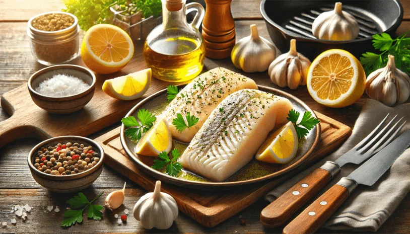 Haddock filets on a plate surrounded by lemon, garlic, and other ingredients