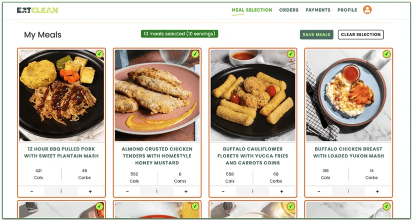 Screenshot of the My Meals selection screen