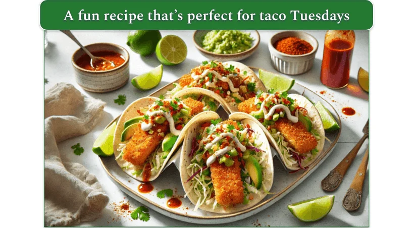 Fish tacos served on a plate with lime wedges and hot sauce