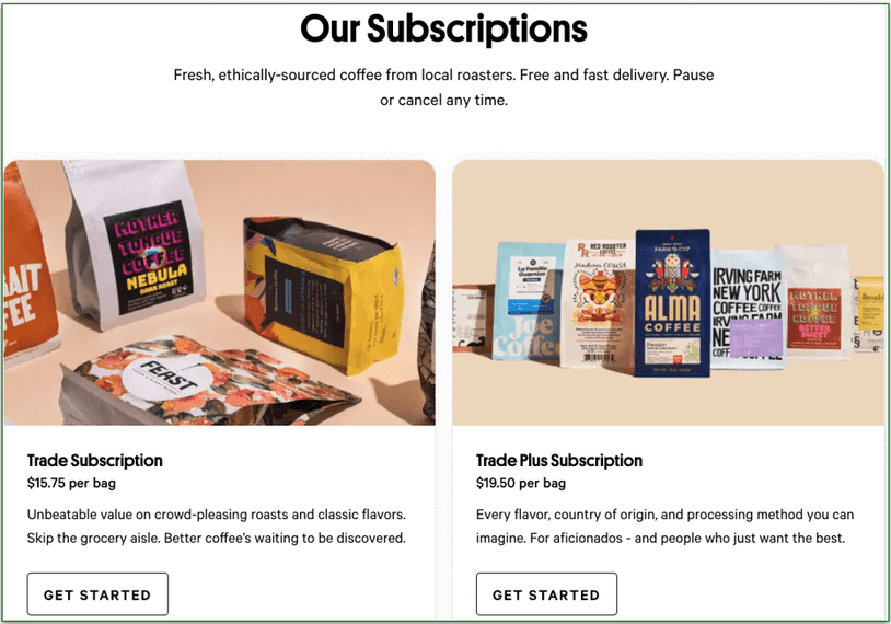 a screenshot of drink trade's subscription options