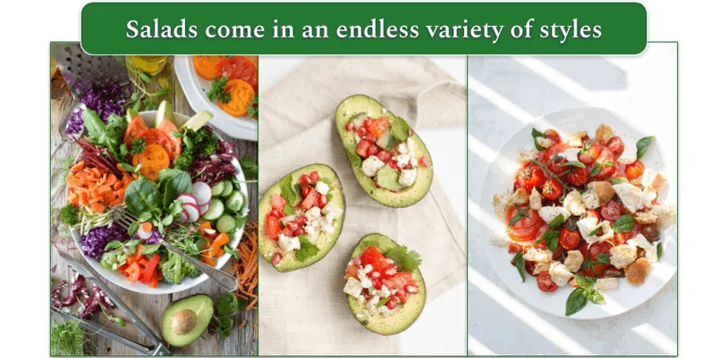 Side-by-side photos of a garden salad, avocado salad, and caprese salad