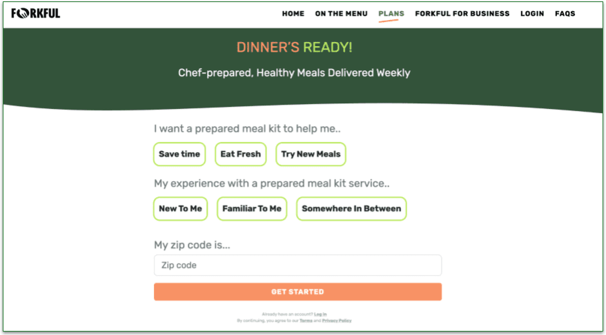 screengrab of forkful's get started sign up page