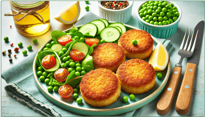 Crispy fishcakes served on a plate with veg and salad