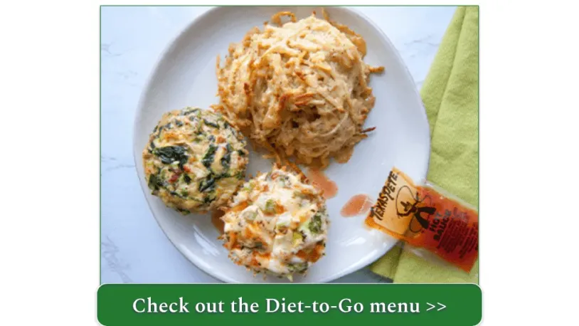 Two Cheese and veggie egg bites with a celery root hash brown and hot sauce packet