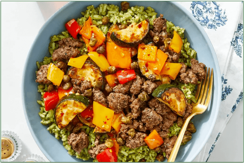 Blue Apron's Italian Beef & Pesto Rice with Sautéed Vegetables & Crispy Capers