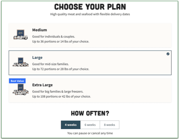 Good Chop's plan selection page