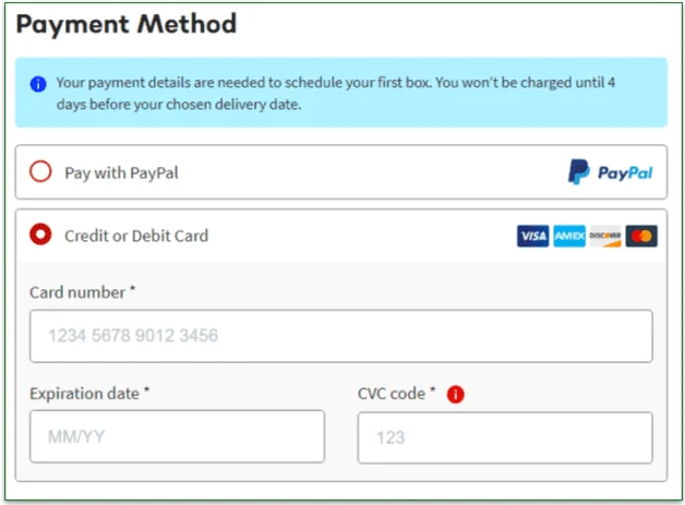 Chefs Plate payment screen