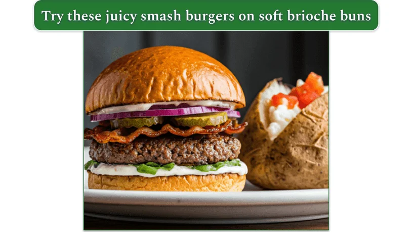 a plate with a smash burger on a brioche bun along with a baked potato