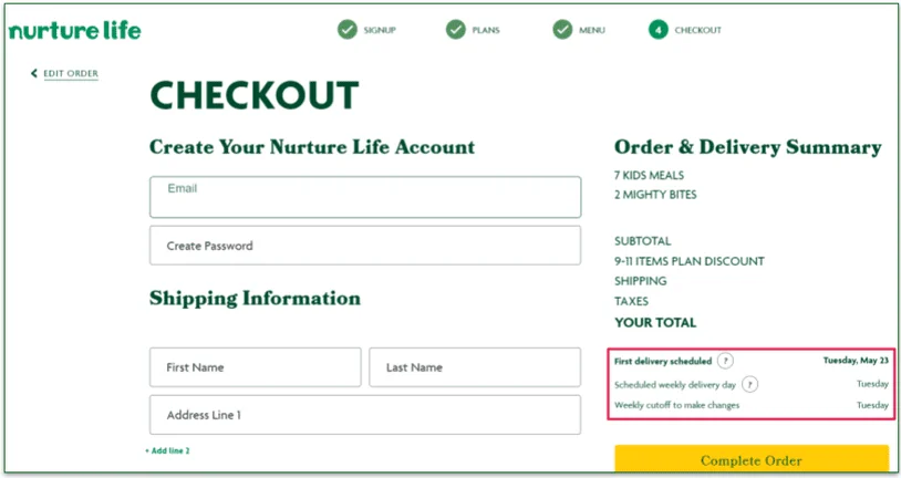 The Checkout page with personal information and highlighted delivery details