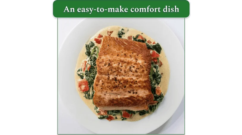 A plated serving of Creamy Garlic Skillet Chicken with Spinach