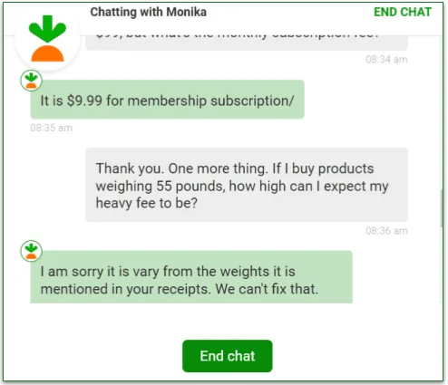 Live chat with an Instacart's customer care agent