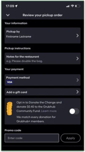  screenshot of Grubhub payment details screen