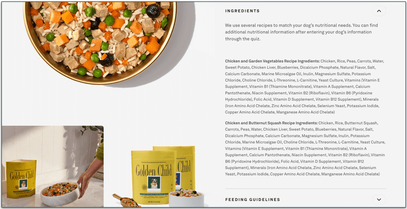 screenshot of the full ingredients lists for golden child's chicken recipes