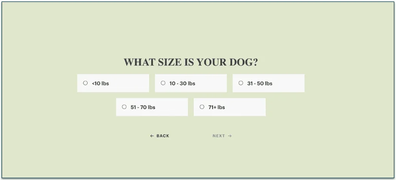 Screenshot of The Honest Kitchen’s quiz screen What Size is Your Dog