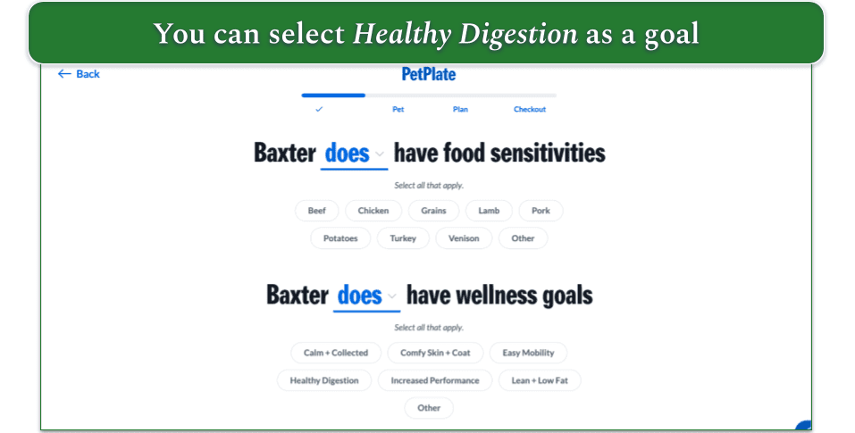 screenshot of petplate's sign up quiz with wellness goals