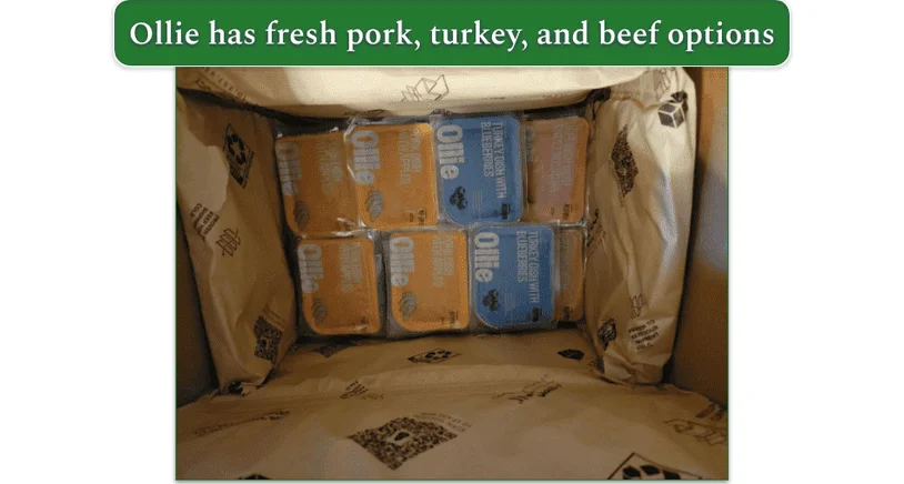 Open Ollie box with pork, turkey, and beef options