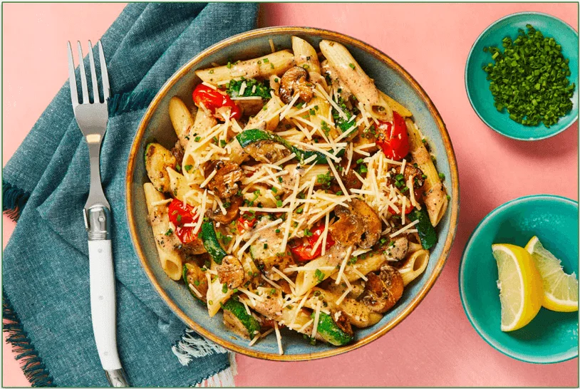 HelloFresh's Silky Sicilian Shrimp Penne tossed with Mushrooms, Zucchini & Tomatoes