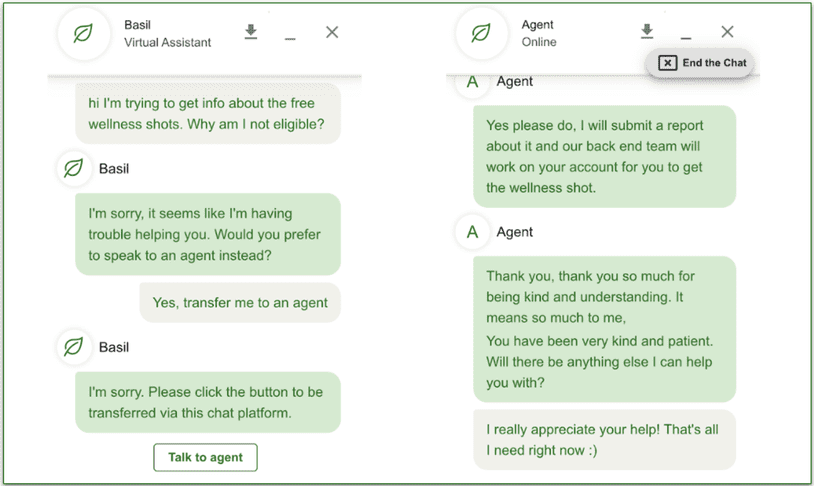 Screenshots of Factor's virtual agent and real agent chats