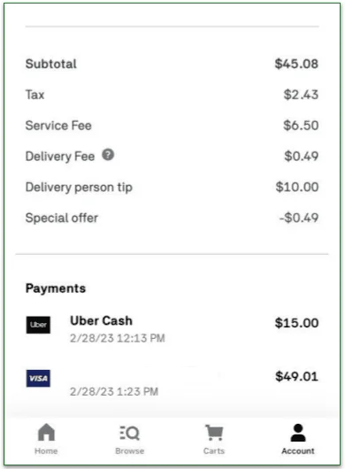 mobile screenshot of Uber Cash automatically applying as a payment method