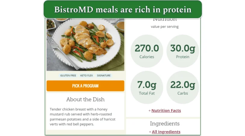 Nutritional values of BistroMD's Honey Mustard Chicken with Herb-Roasted Potatoes