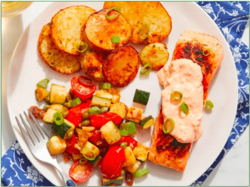 Blue Apron's salmon fillet served with veggies