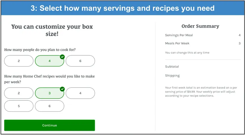 Screenshot of choosing the number of servings per Home Chef order