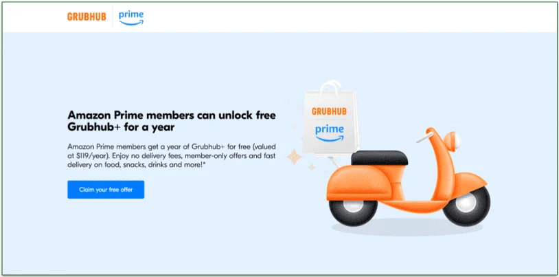 screenshot of Grubhub's Amazon Prime deal