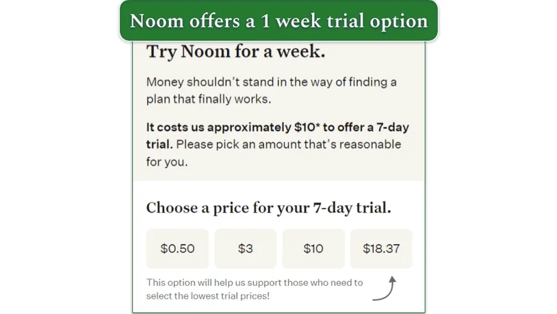 Screenshot of Noom's trial and pricing options