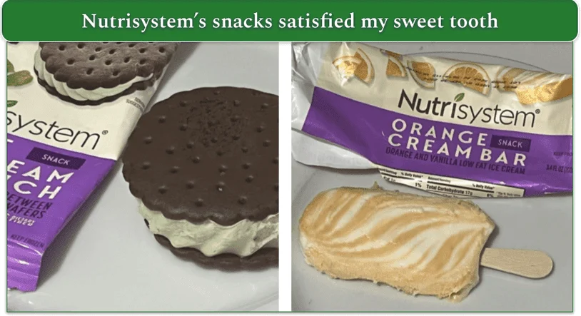 Nutrisystem's Mint Ice Cream Sandwich and Orange Cream Bar next to the packaging