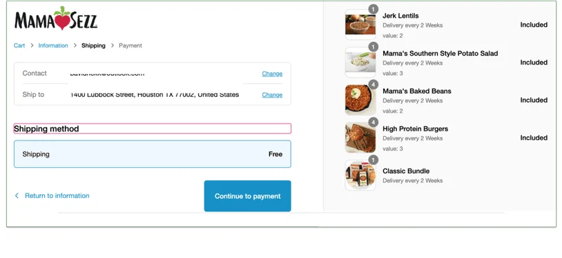 MamaSezz's shipping page displaying its cutoff time on Sundays at 8 pm