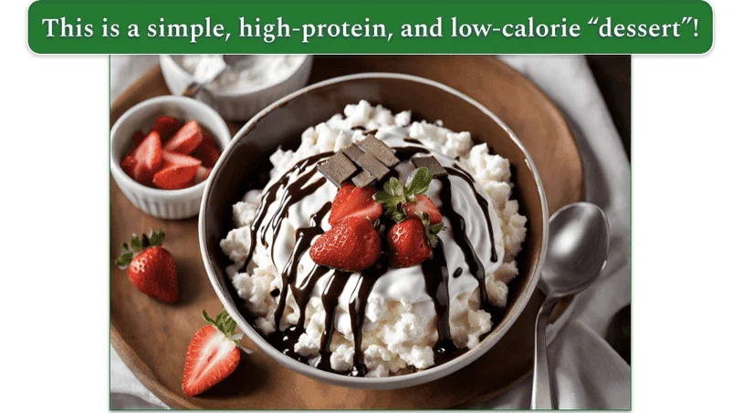 a bowl of cottage cheese topped with Dark Chocolate Chips, Strawberries, and Caramel Coulis