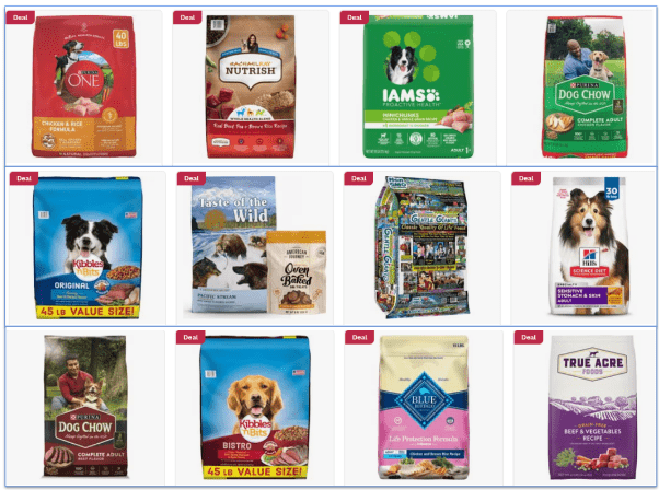 An image showing a selection of the many dry dog food choices from Chewy