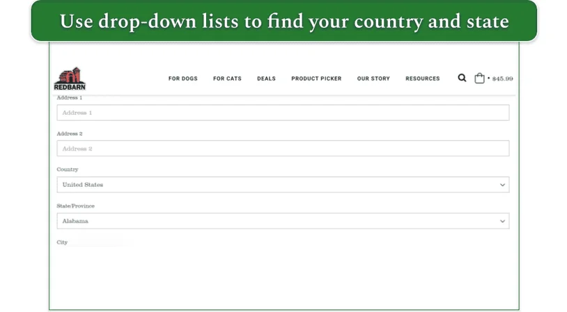 Redbarn's delivery address page