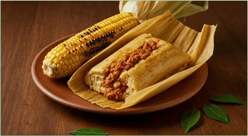 A plate of grilled corn and tamales on a plate on a table.