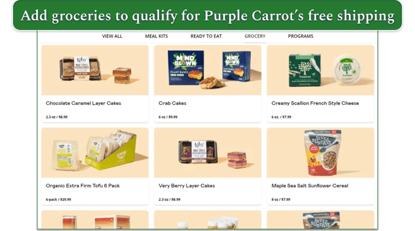 Purple Carrot's grocery items with pricing