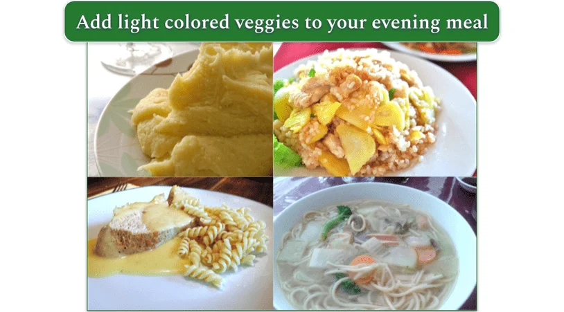 Mashed potato, rice and veggies, chicken and pasta, and tofu noodle soup