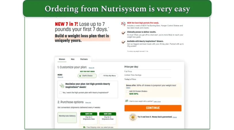 Nutrisystem's ordering process, with customization options and delivery options