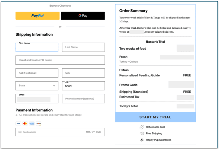 Spot & Tango's check out page