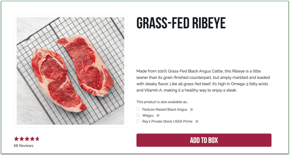 screenshot of Rastelli's Grass-Fed Ribeye product information