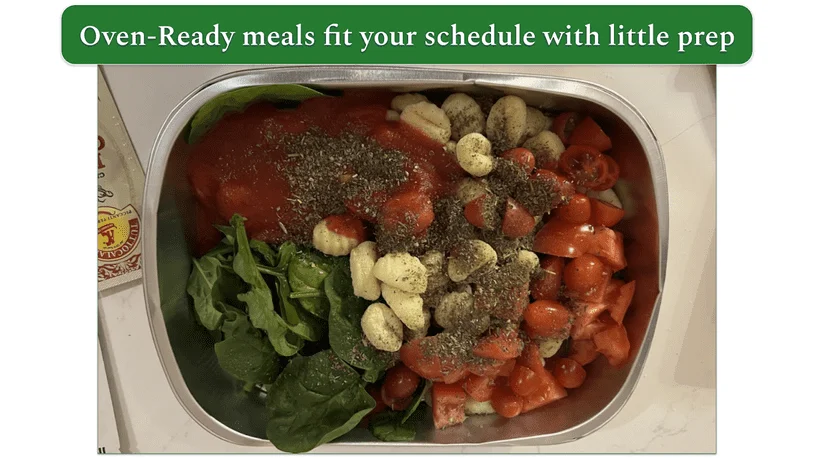 Photo of Blue Apron's Oven-Ready Cheesy Tomato Gnocchi dish with ingredients placed in the oven-ready tray before cooking